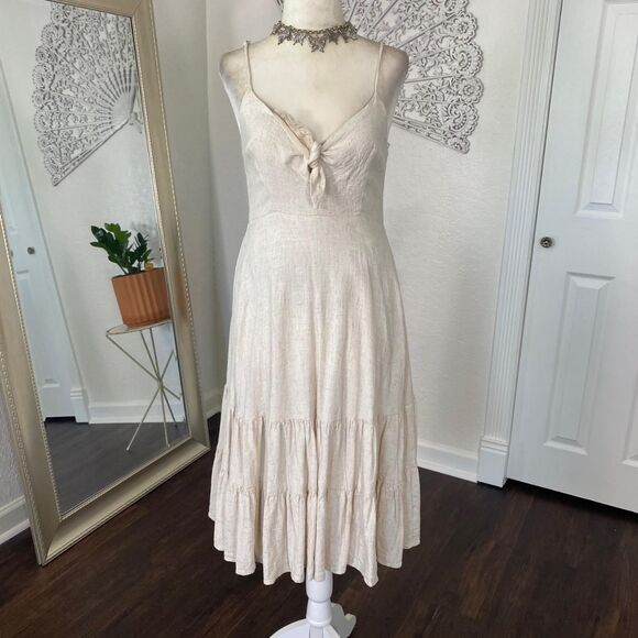 Nude Cream Linen Rayon Blend Romantic Cottage Core Linen Tiered Midi Dress S - Picture 2 of 8